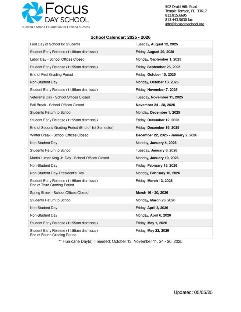 Focus Day School academic calendar for the 2025-2026 school year